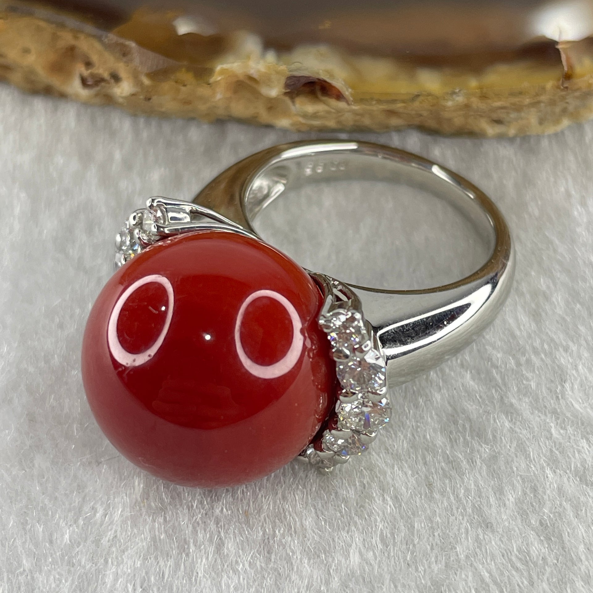 Rare Exceptional Grade Natural Round Red Coral 16.2mm with Natural Diamonds in PT900 Platinum Ring D0.85ct Total 16.2g US6.75 HK14.5 - Huangs Jadeite and Jewelry Pte Ltd
