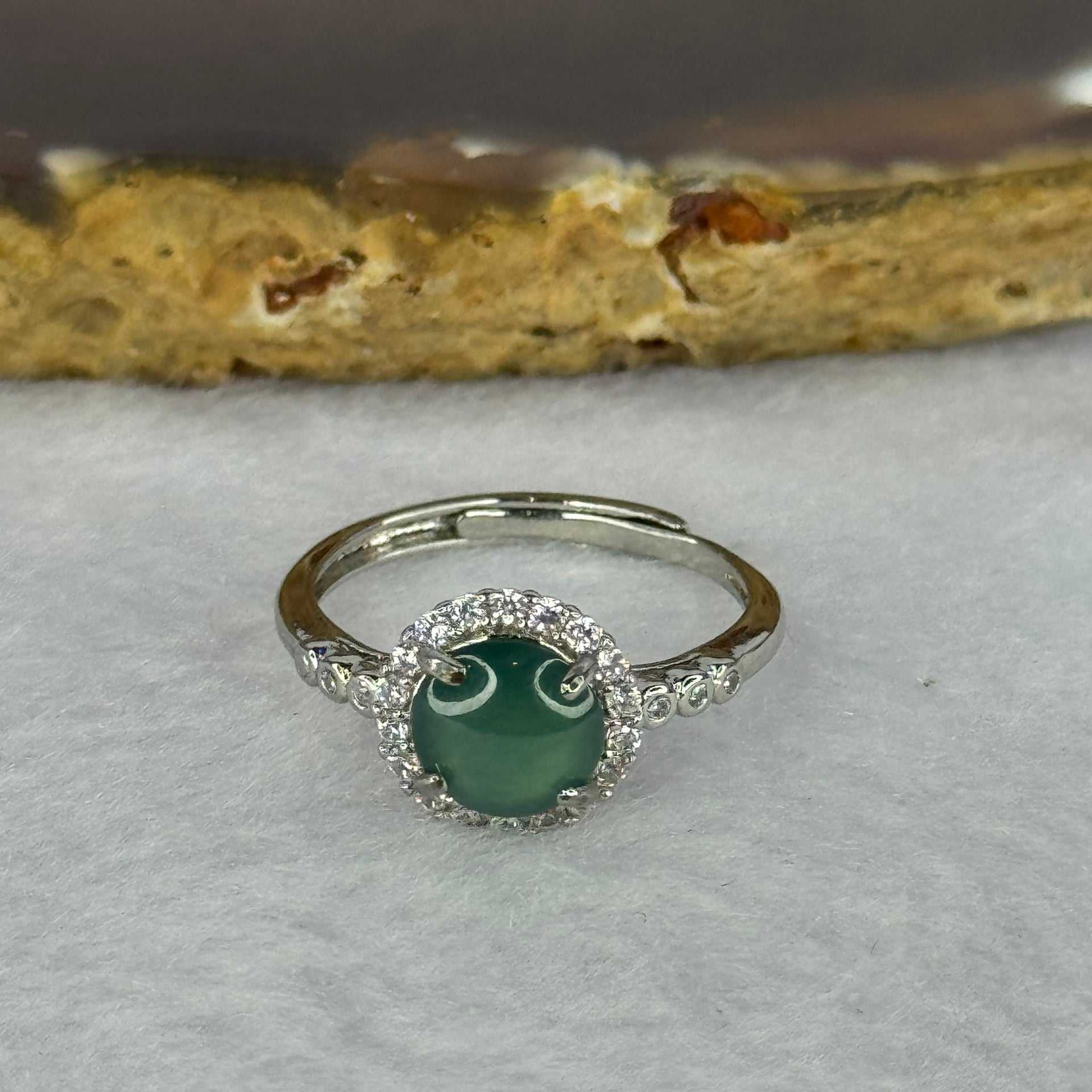 Type A Icy Blueish Green Jadeite with Crystals in Sliver Ring (Adjustable Size) 1.61g 6.9 by 2.5mm - Huangs Jadeite and Jewelry Pte Ltd