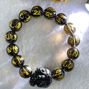 Natural Smoky Quartz Om Mani Padme Hum Beads Bracelet with Black Onyx 3 Legged Toad Charm 24.5 by 27.4 by 20.2mm 67.40g 19cm 14.1mm 14 Beads - Huangs Jadeite and Jewelry Pte Ltd