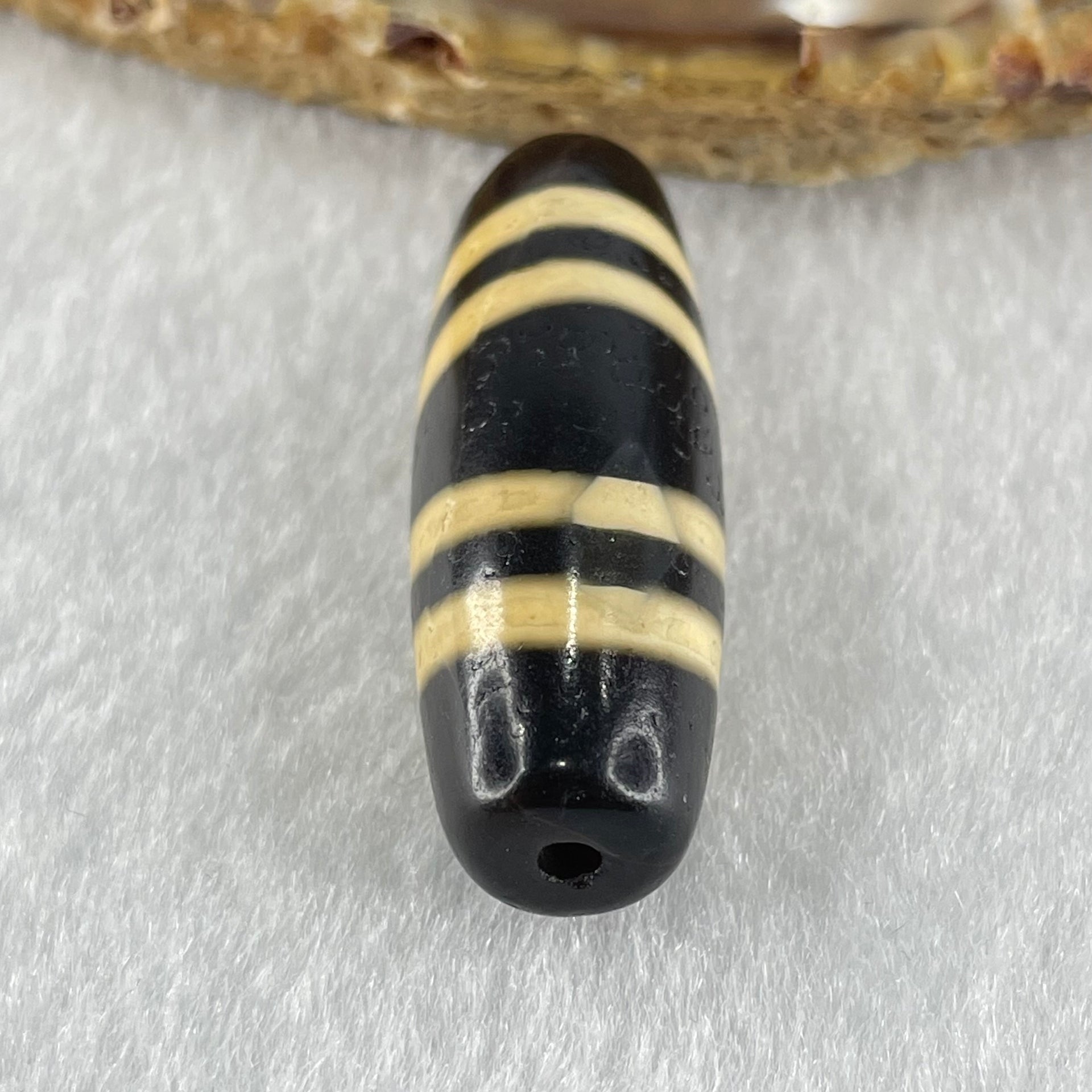 Natural Powerful Tibetan Old Oily Black with Yellowish White Agate 4 Lines Bead Heavenly Master (Tian Zhu) 10.29g 39.2 by 13.0mm - Huangs Jadeite and Jewelry Pte Ltd