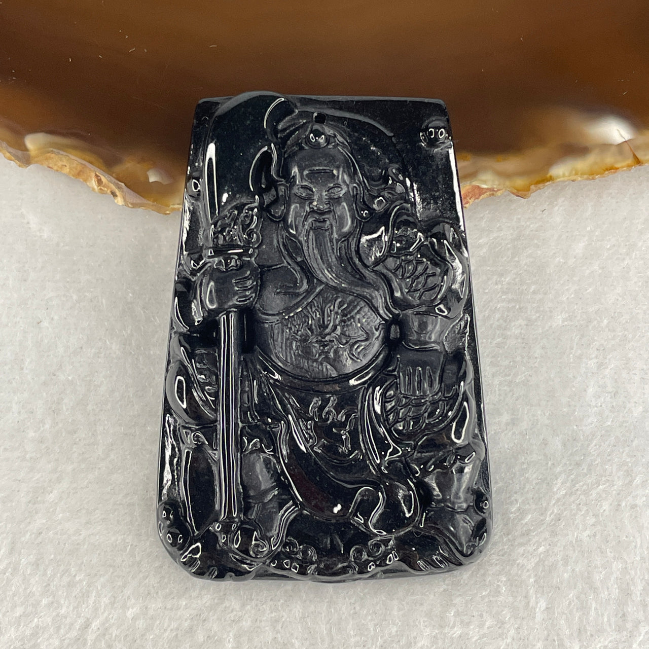 Certified Natural Type A Black Omphacite Jadeite Guan Gong Pendant 35.50g 59.5 by 41.1 by 9.1mm