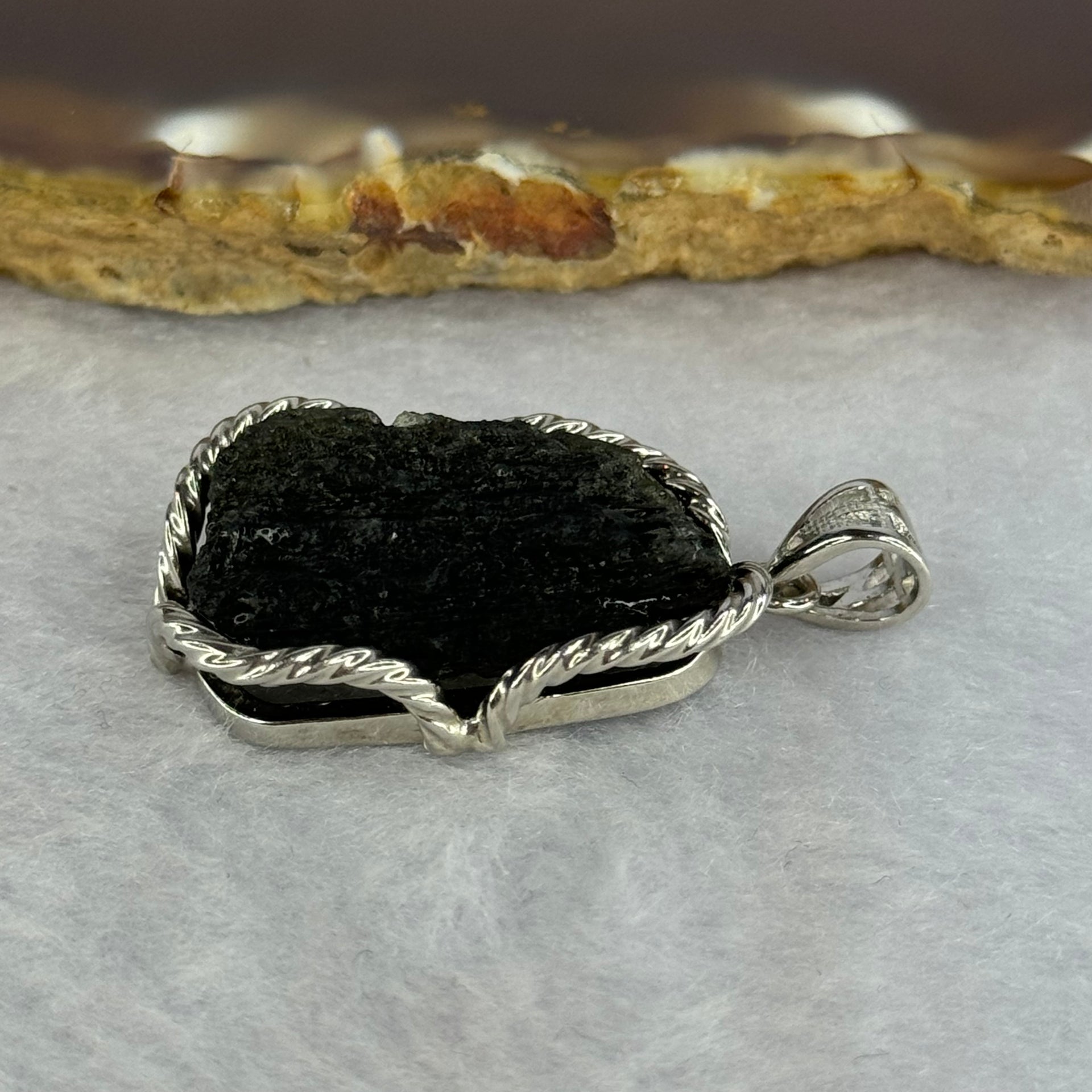 Natural Czech Republic Moldavite Meteorite Crystal in S925 Sliver Pendent 天然捷克陨石925银牌 8.05g 24.2 by 13.2 by 9.7mm - Huangs Jadeite and Jewelry Pte Ltd