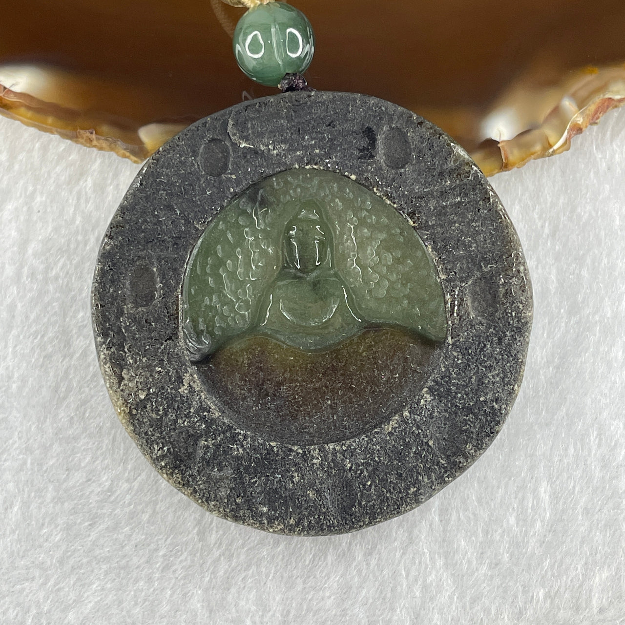 Natural Type A Blueish Green with Brown Jadeite Meditating Buddha Pendant 45.53g 51.5 by 10.3mm