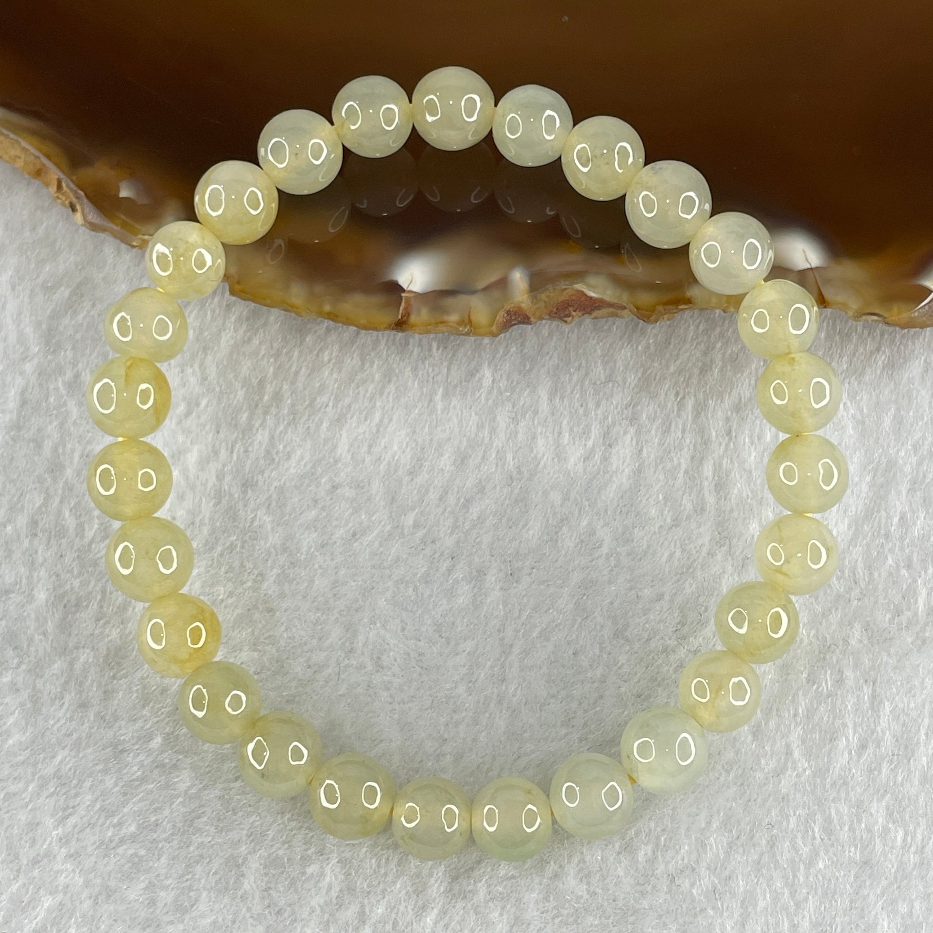 High Grade Natural Type A Semi Icy Light Yellow Jadeite  Beads Bracelet 15.20g 15.5cm 7.2mm 27 Beads - Huangs Jadeite and Jewelry Pte Ltd