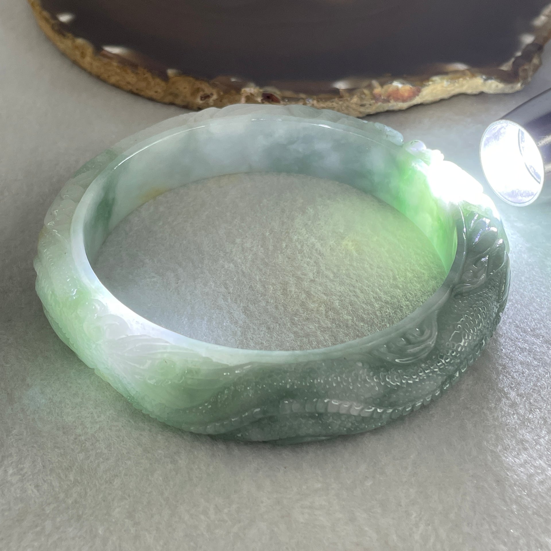 Type A Green with Light Green Piao Hua Jadeite Dragon Bangle Internal Diameter 73.7mm 117.72g 16.3 by 12.3mm (Internal Line) - Huangs Jadeite and Jewelry Pte Ltd