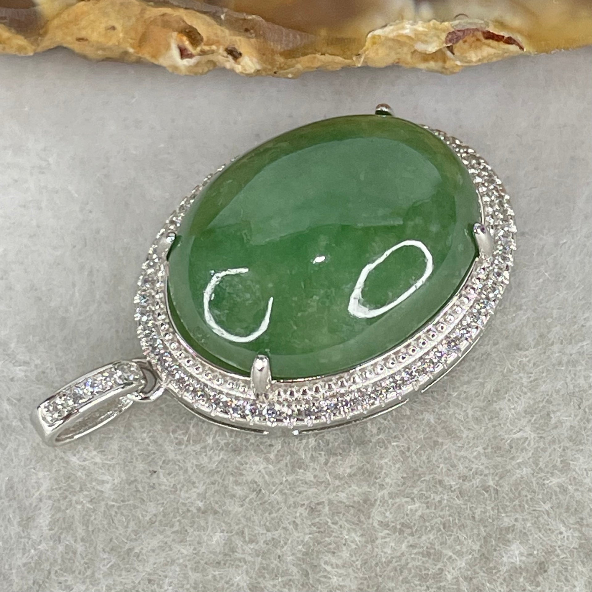 Type A Old Mine Spicy Green Cabochon Jadeite in S925 Sliver with Crystal Charm 6.60g 19.2 by 15.1 by 6.5mm - Huangs Jadeite and Jewelry Pte Ltd