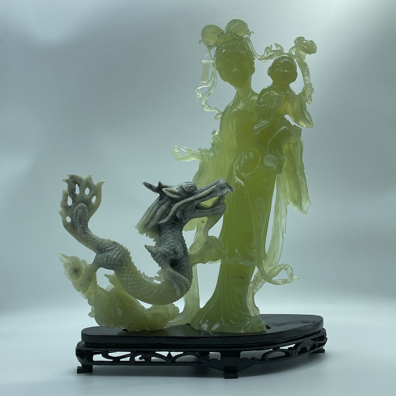 Natural Semi Icy Green Serpentine Fairy and Tong Zi with Dragon with Wooden Stand Display 2,391.2g 280.0 by 103.0 by 347.0mm