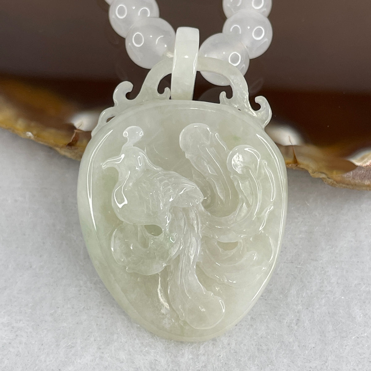 Natural Type A Faint Green Jadeite Phoenix Pendant with White Agate Beads Necklace | Certified Untreated Fei Cui Gemstone Set (71.78g | 46cm | 43.0mm x 32.4mm x 12.8mm)