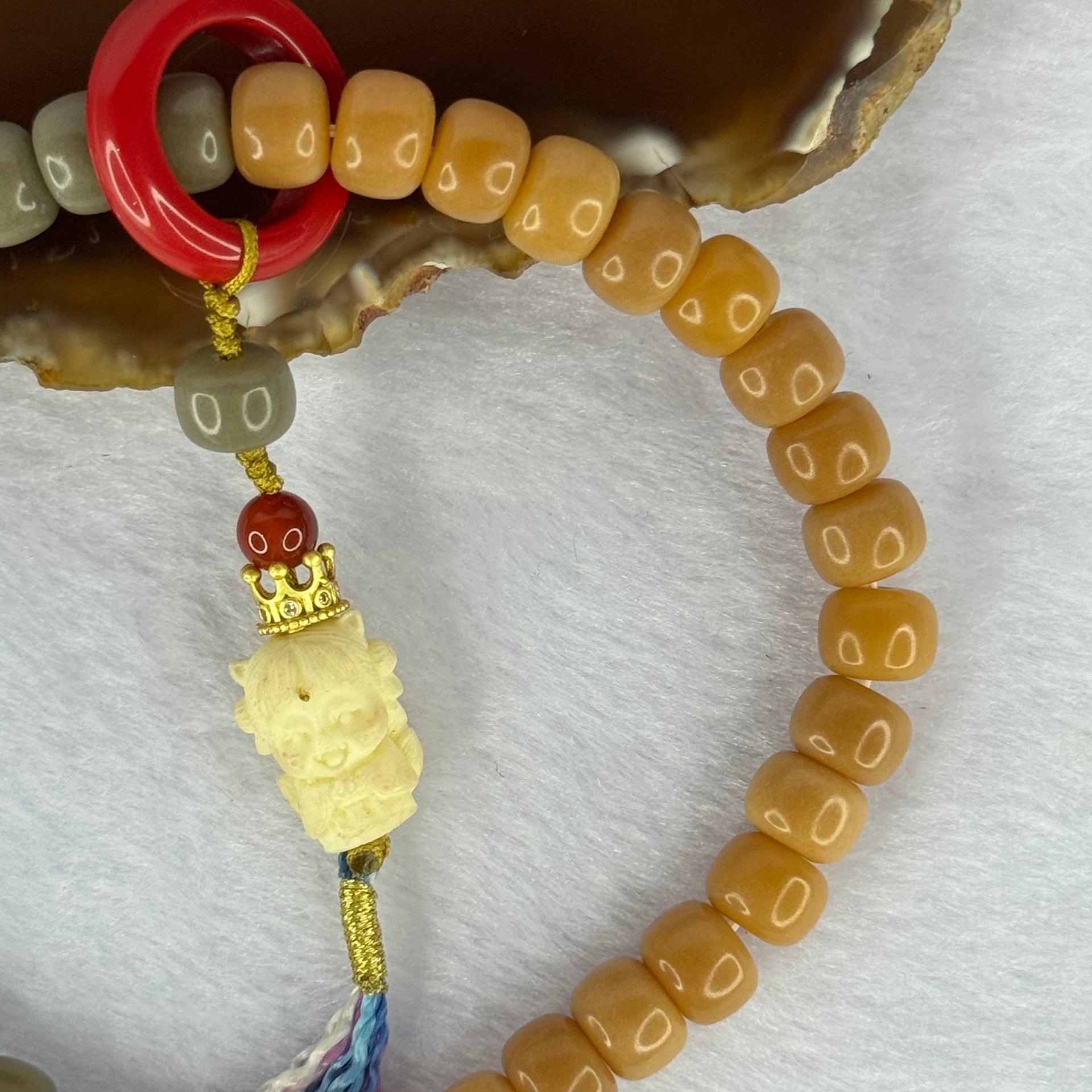 Type A Mixed Colour Bodhi Beads with Ivory Fruit 9 Tail Fox and Hong Zhu Sha Handplay 29.83g 9.4mm 36+2 Beads - Huangs Jadeite and Jewelry Pte Ltd