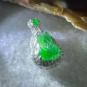 Natural Type A Omphacite Spicy Green Jadeite Hulu Pendant in S925 Silver | (2.90g | 14.2 x 9.5 x 3.0mm | Health, Abundance & Negative Energy Absorber, Feng Shui Prosperity & Longevity Pendant) - Huangs Jadeite and Jewelry Pte Ltd