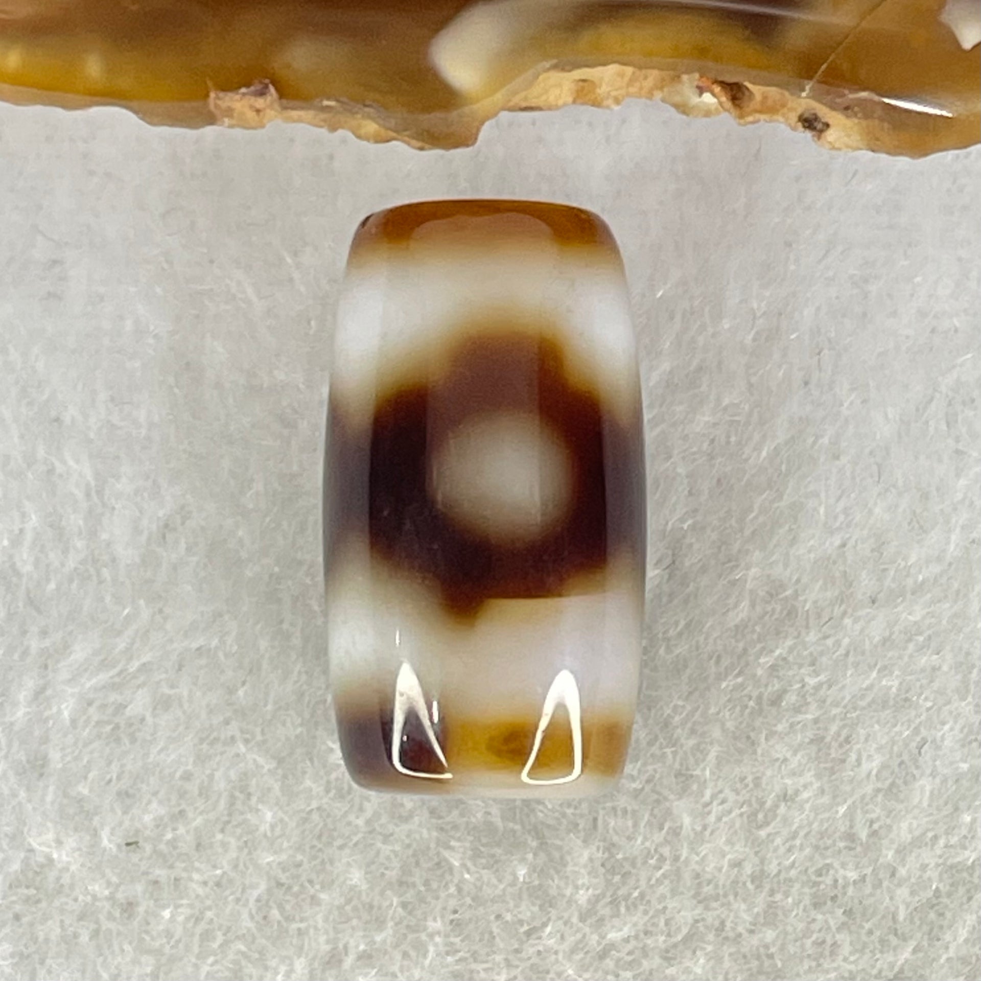 Natural Powerful Tibetan Old Oily Dark Brown With White Agate 3 Eyes Dzi Bead Heavenly Master (Tian Zhu) 三眼天诛 3.92g 19.6 by 10.8mm - Huangs Jadeite and Jewelry Pte Ltd