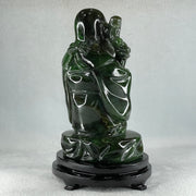 Natural Dark Green Serpentine Shou Xing Gong with Wooden Stand Display 2,374.7g 140.0 by 228.0 by 125.0mm - Huangs Jadeite and Jewelry Pte Ltd