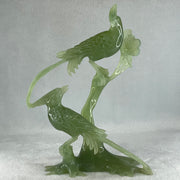 Natural Green Serpentine Double Phoenix on Tree with Wooden Stand Display 561.4g 165.0 by 246.0 by 102.0mm - Huangs Jadeite and Jewelry Pte Ltd