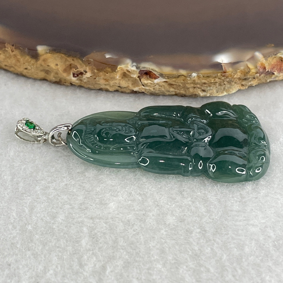 Natural Type A Icy Blueish Green Jadeite Amitabha Buddha Pendant in S925 Silver | (8.38g | 45.2 x 26.6 x 4.0mm | Infinite Light, Compassion & Lifelong Protection Anchor, Feng Shui Guardian & Executive Peace Pendant) - Huangs Jadeite and Jewelry Pte Ltd