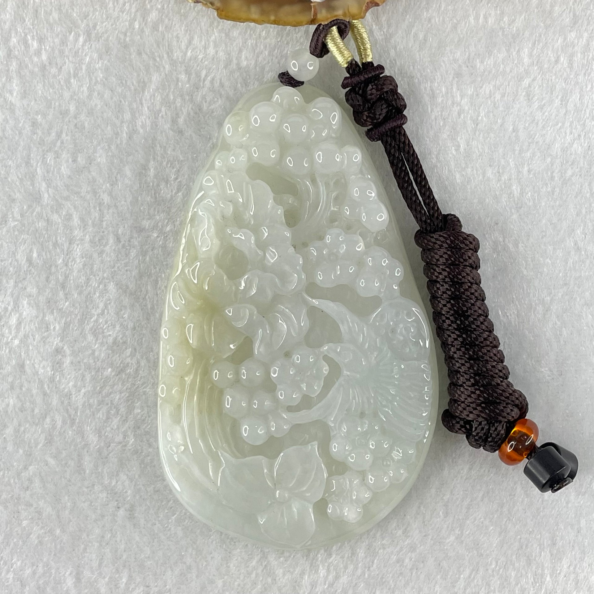 Type A Faint Green Lavender with Faint Yellow Patch Jadeite Bird with Flowers Pendant 79.61g 78.7 by 47.1 by 12.2mm - Huangs Jadeite and Jewelry Pte Ltd