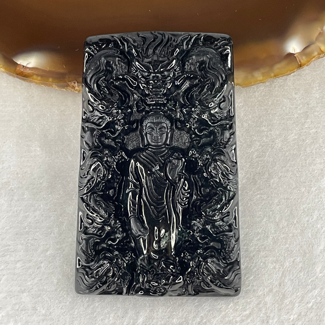Wealth, Safety Blessing - Certified Natural Type A Black Omphacite Jadeite Amitabha Buddha with 9 Dragons Pendant 24.30g 56.6 by 35.1 by 8.2mm