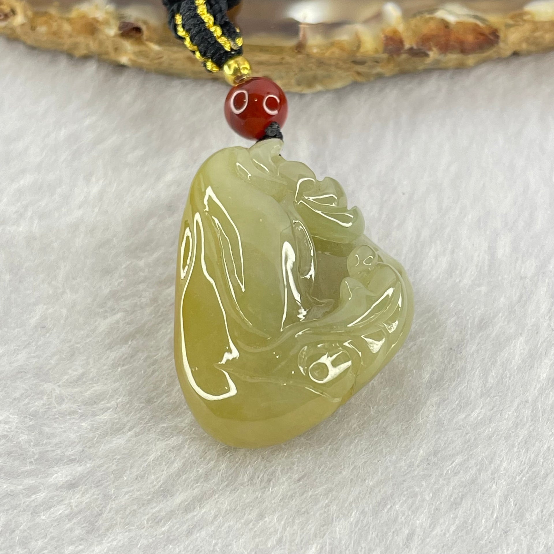 Type A Yellow with Green Jadeite Flower and Gui Ren Benefactor Pendant 18.03g 31.9 by 22.7 by 13.8mm - Huangs Jadeite and Jewelry Pte Ltd