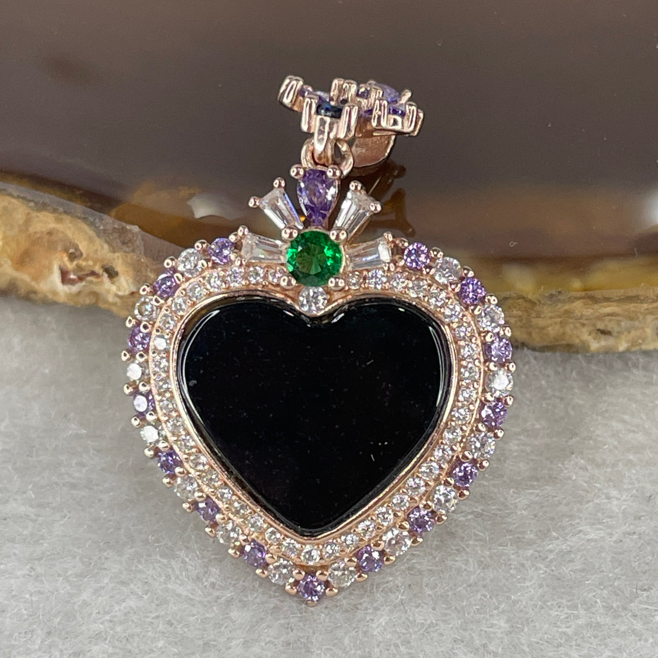 Natural Type A Fully Translucent Black Omphacite Jadeite Heart Pendant | S925 Sterling Silver Clasp Midnight Luxury Glow Charm (2.84g 12.0x14.4x1.5mm)