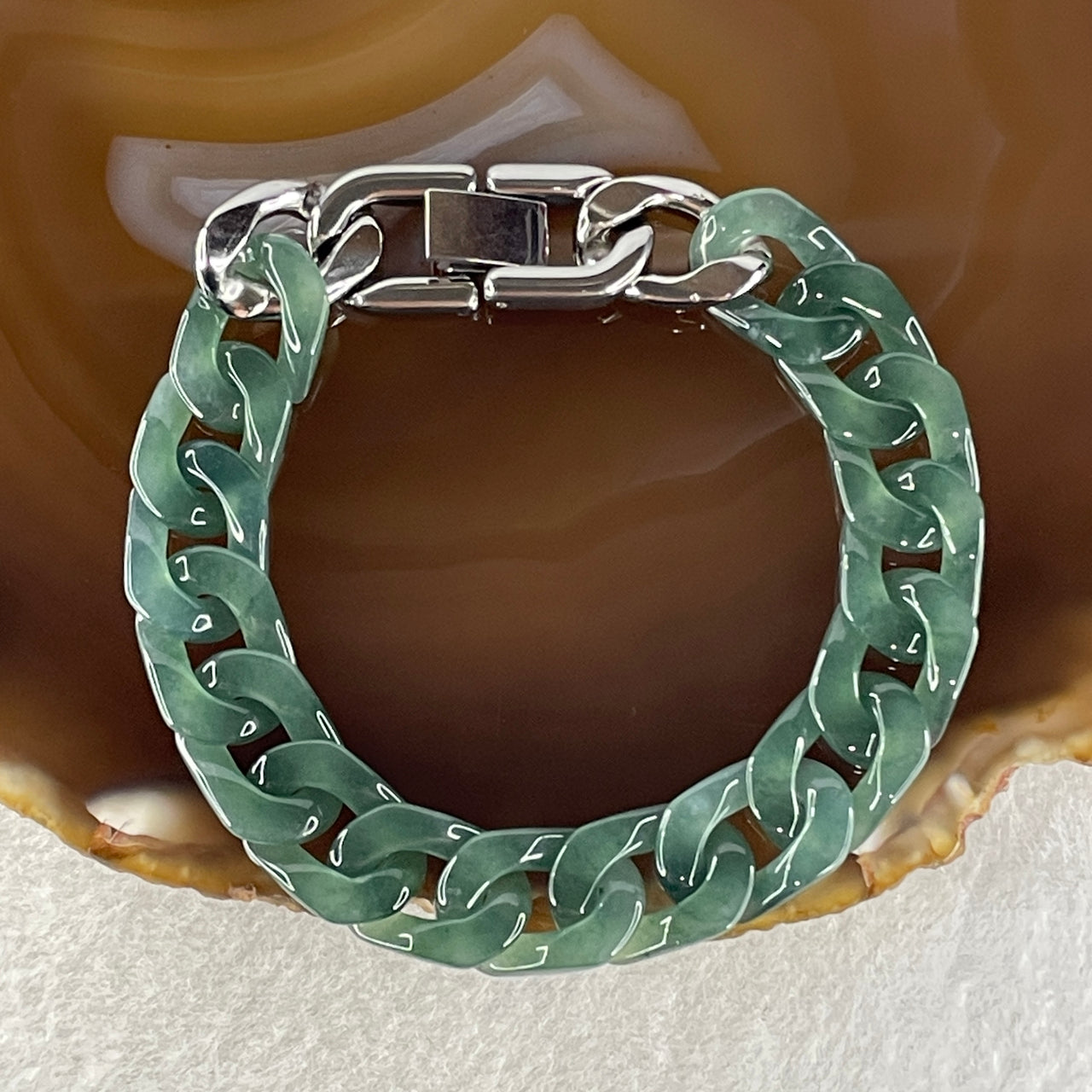 Certified Natural Type A Semi Icy Blueish Green Jadeite Cuban Tennis Bracelet with Stainless Steel Clap 21.46g 17cm 11.6 by 6.7 by 3.4mm 16 Pcs