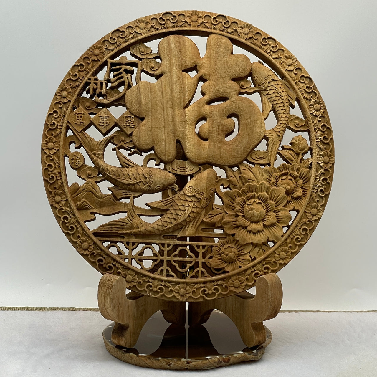 Natural Wooden Fishes and Flowers for Home Harmony and Prosperity with Wooden Stand Display 450.0g 270.0 by 98.0 by 310.0mm - Huangs Jadeite and Jewelry Pte Ltd