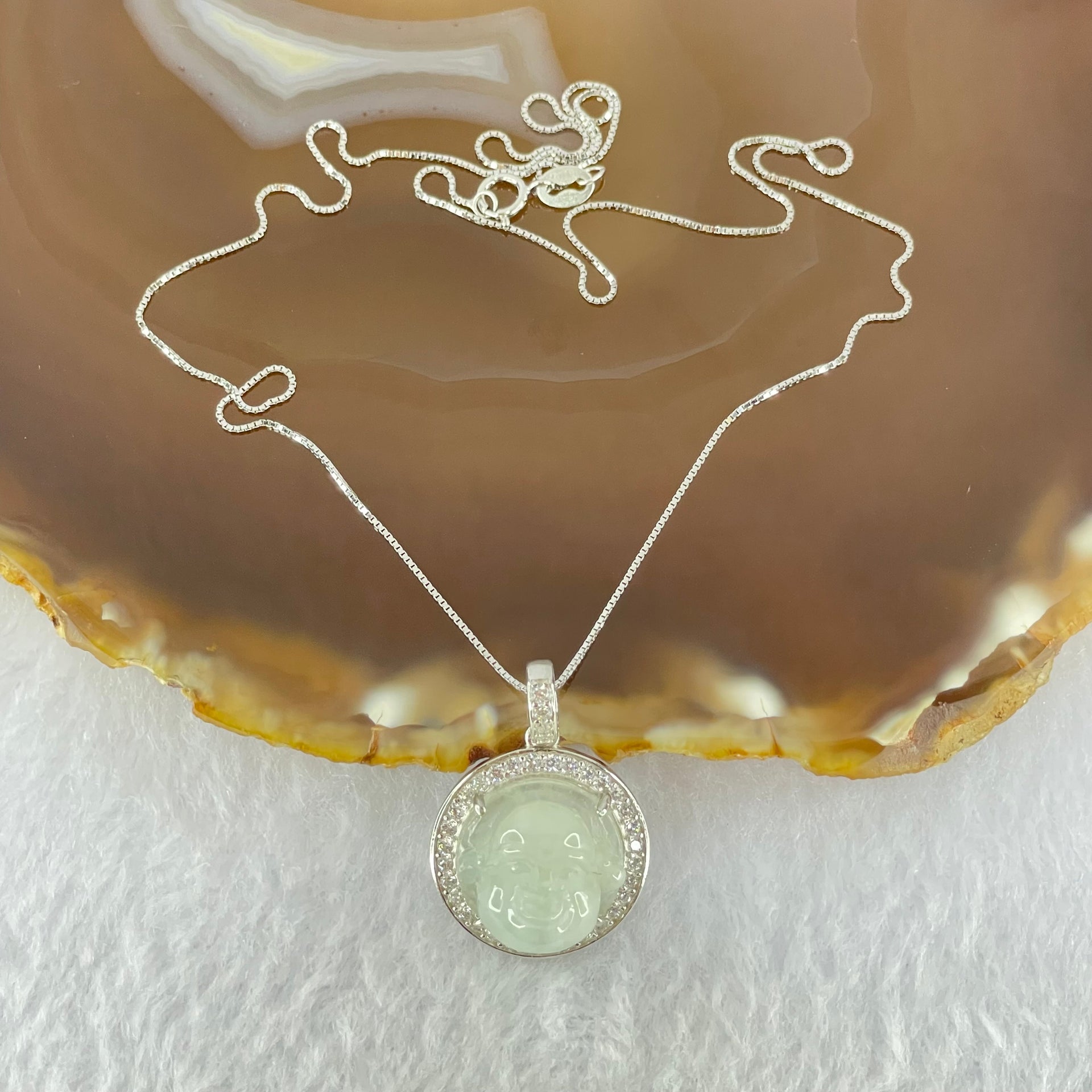Type A Faint Green Lavender Milo Buddha with Crystals in S925 Sliver Pendant and Necklace 6.23g 14.9 by 14.9 by 7.5mm - Huangs Jadeite and Jewelry Pte Ltd
