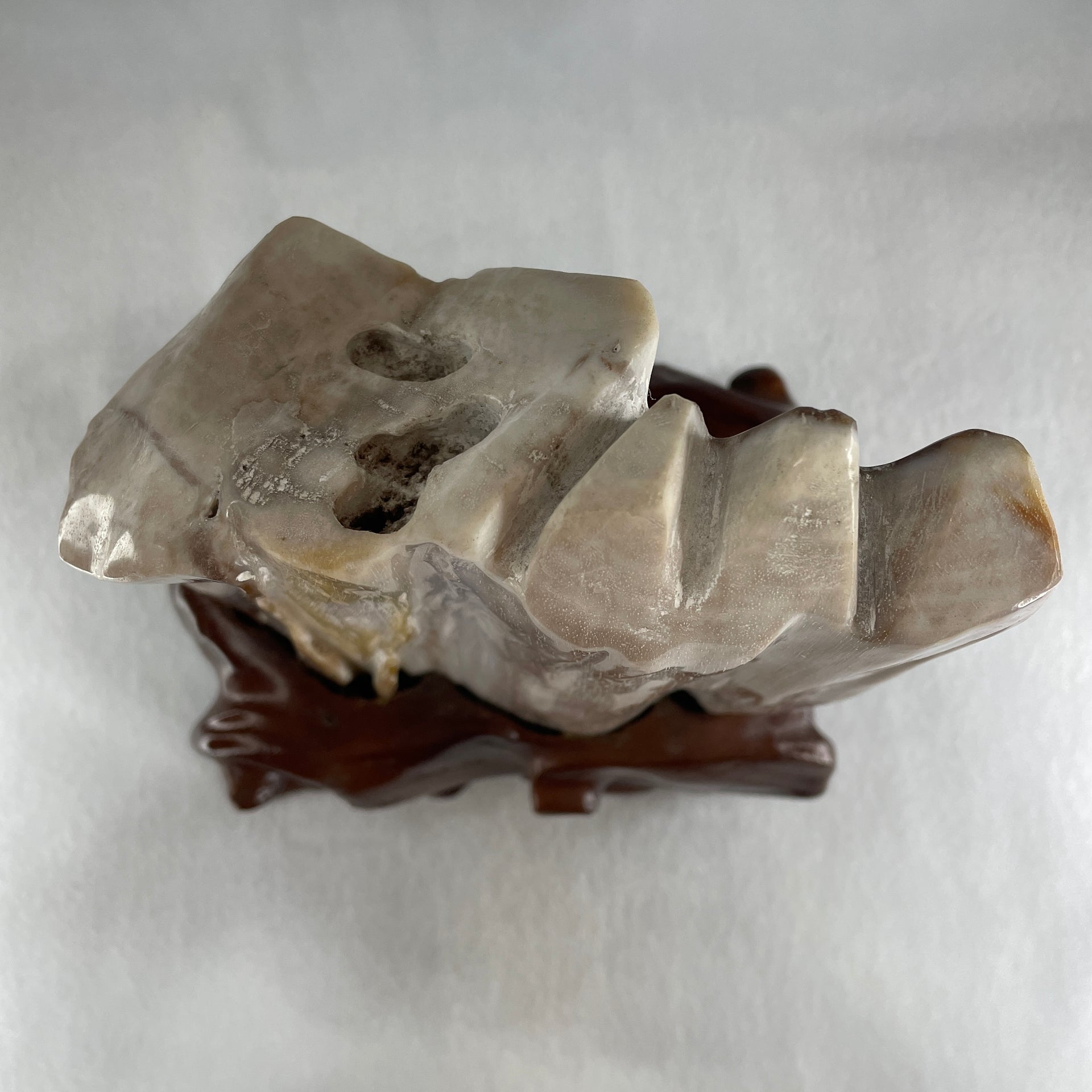 Natural White Yellow Brown Fossilised Petrified Wood with Wooden Stand Display 1,877.7g 160.0 by 107.0 by 200.0mm - Huangs Jadeite and Jewelry Pte Ltd