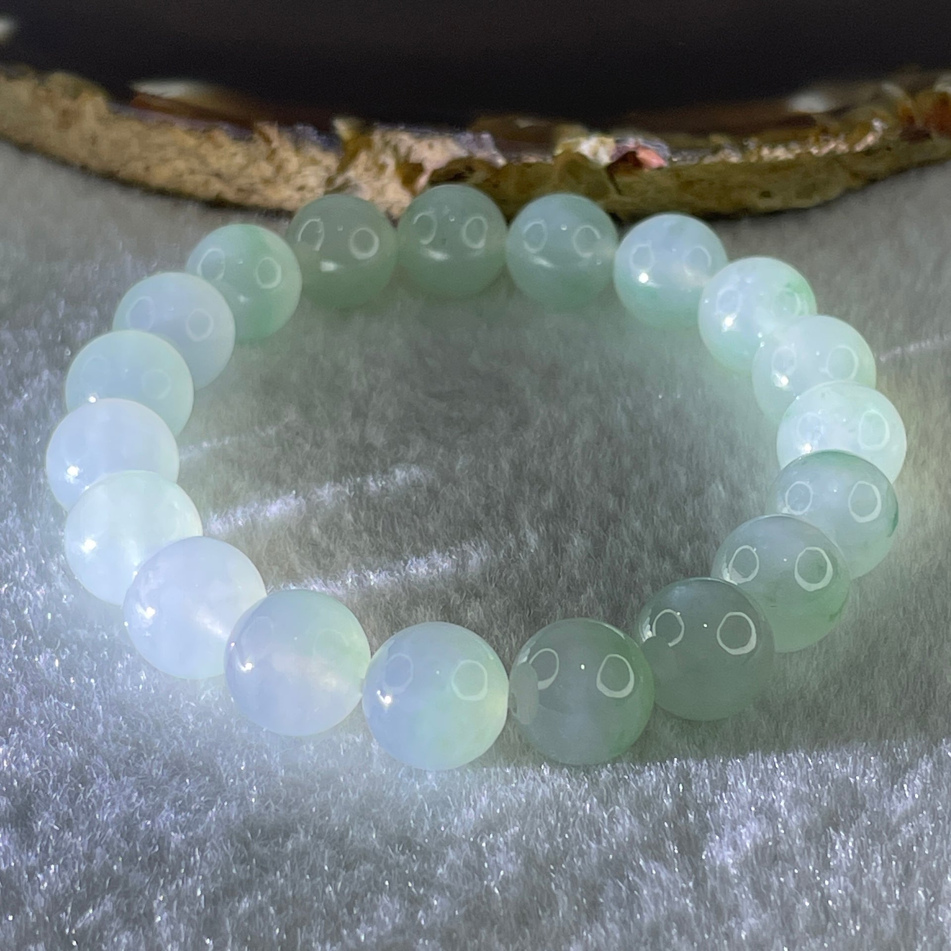 Type A Natural Jelly Semi Icy Light Green with Blueish Green Piao Hua Jadeite Beads Bracelet 32.64g 15cm 10.0mm 19 beads - Huangs Jadeite and Jewelry Pte Ltd