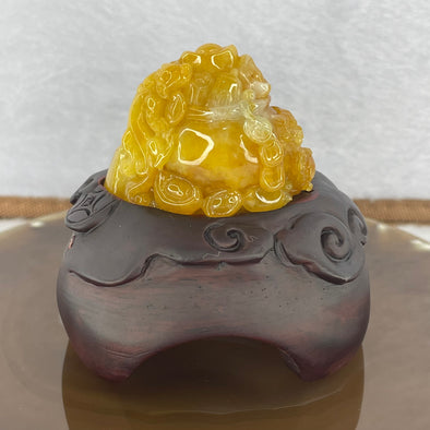 Rare Grand Master Type A Yellow Jadeite Money Pot with Pixiu Tiger 3 Legged Toad and Treasures 62.25g 47.3 by 33.4 by 33.0mm with Wooden Stand - Huangs Jadeite and Jewelry Pte Ltd