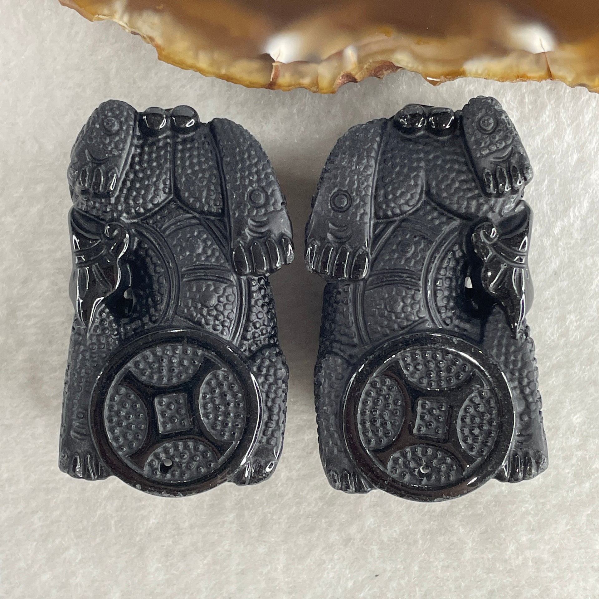 Certified Natural Type A Black Omphacite Jadeite Pixiu pair Pendant Each About 62.04g 50.6 by 28.6 by 21.4mm And 64.08g 50.0 by 27.5 by 22.7mm - Huangs Jadeite and Jewelry Pte Ltd