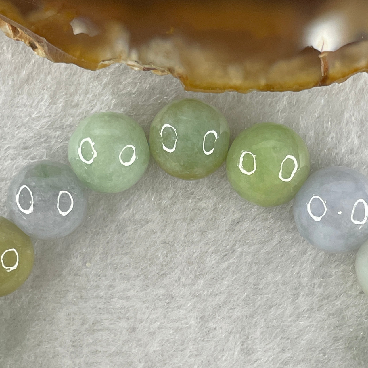 Natural Type A Multi Tone Green with Yellow and Lavender Jadeite Round Shape Beads Bracelet 31.76g 16cm 9.9mm 21 Beads - Huangs Jadeite and Jewelry Pte Ltd