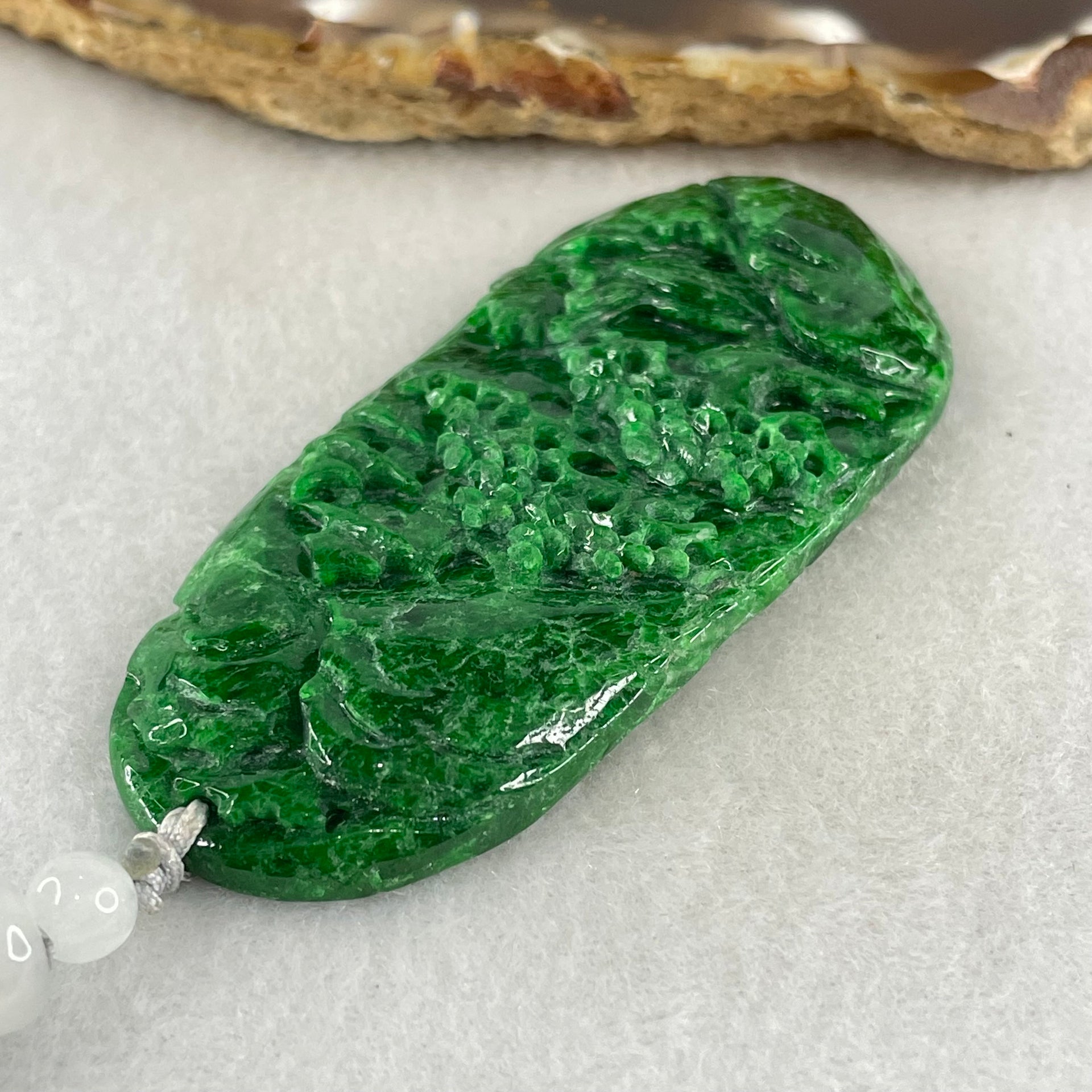 Type A Lao Keng Old Mine Full Spicy Green Jadeite Shan Shui with Guiren Benefactor Pendant 27.27g 63.1 by 29.9 by 6.8mm - Huangs Jadeite and Jewelry Pte Ltd