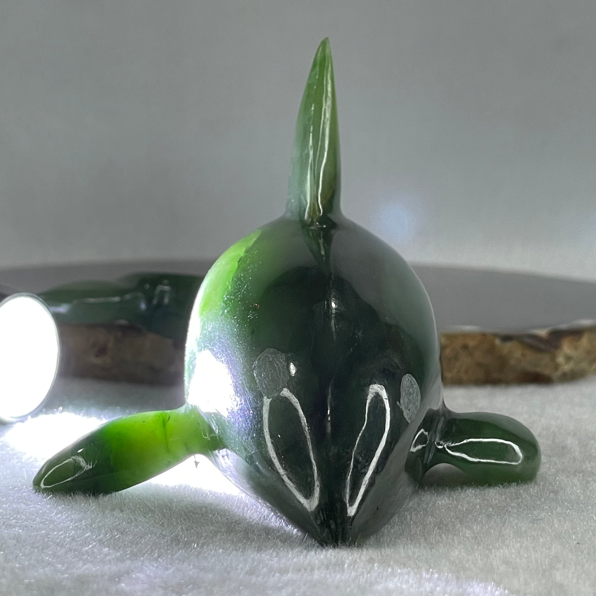 Natural Dark Green Serpentine Killer Whale Display 257.7g 154.5 by 71.6 by 62.5mm - Huangs Jadeite and Jewelry Pte Ltd