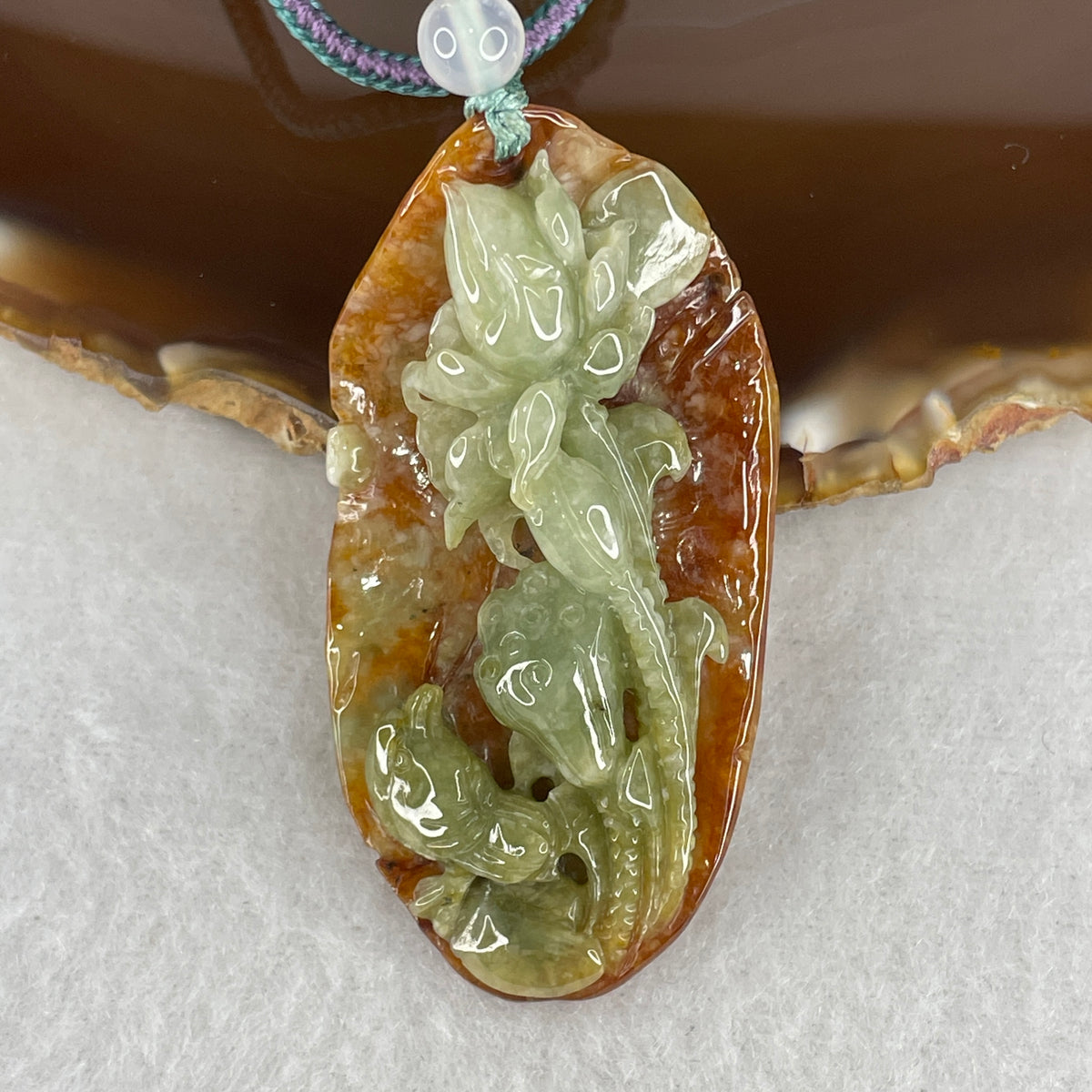 Natural Type A Yellowish Green & Brownish Red Jadeite Lotus Flower with Bird Pendant | (21.38g | 56.0x29.2x13.5mm | Heart, Root & Solar Plexus Chakra Harmony, "Lian Hua Xian Niao" Noble Prosperity & Sacred Purity Shield)