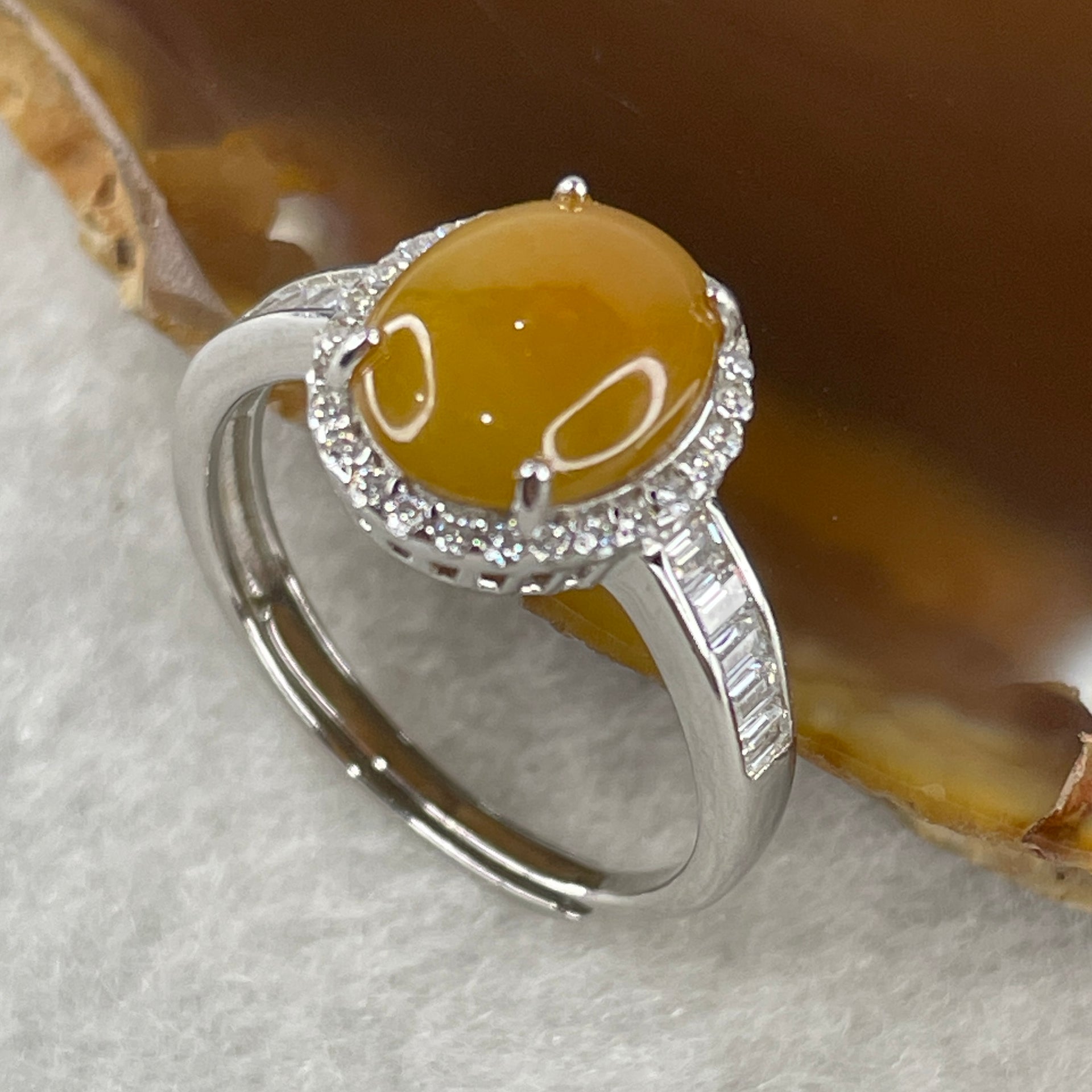 Type A Yellow Jadeite Ring in S925 Sliver with Cubic Zirconia 2.46g 10.0 by 7.5 by 3.0mm (Adjustable Size) - Huangs Jadeite and Jewelry Pte Ltd