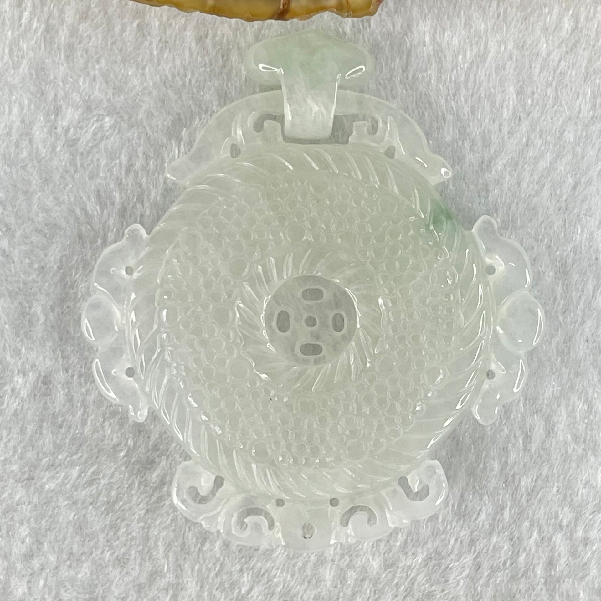 Type A Semi Icy White Jadeite Floral Ping An Kou Donut Pendant 19.53g 45.6 by 44.1 by 6.6mm - Huangs Jadeite and Jewelry Pte Ltd