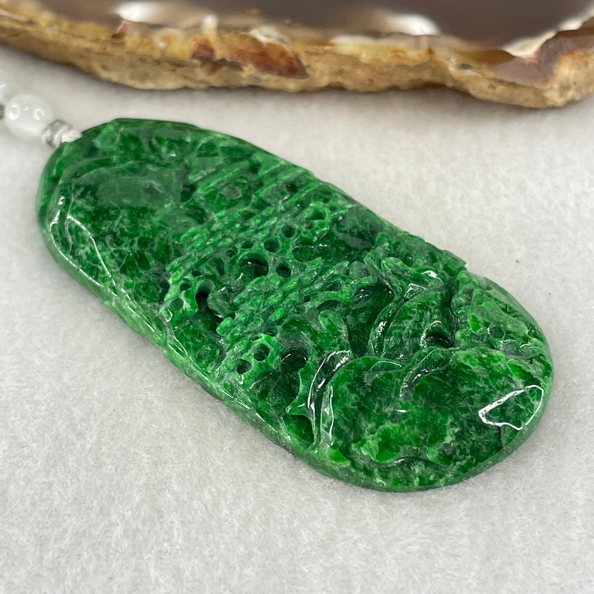 Type A Lao Keng Old Mine Full Spicy Green Jadeite Shan Shui with Guiren Benefactor Pendant 27.27g 63.1 by 29.9 by 6.8mm - Huangs Jadeite and Jewelry Pte Ltd