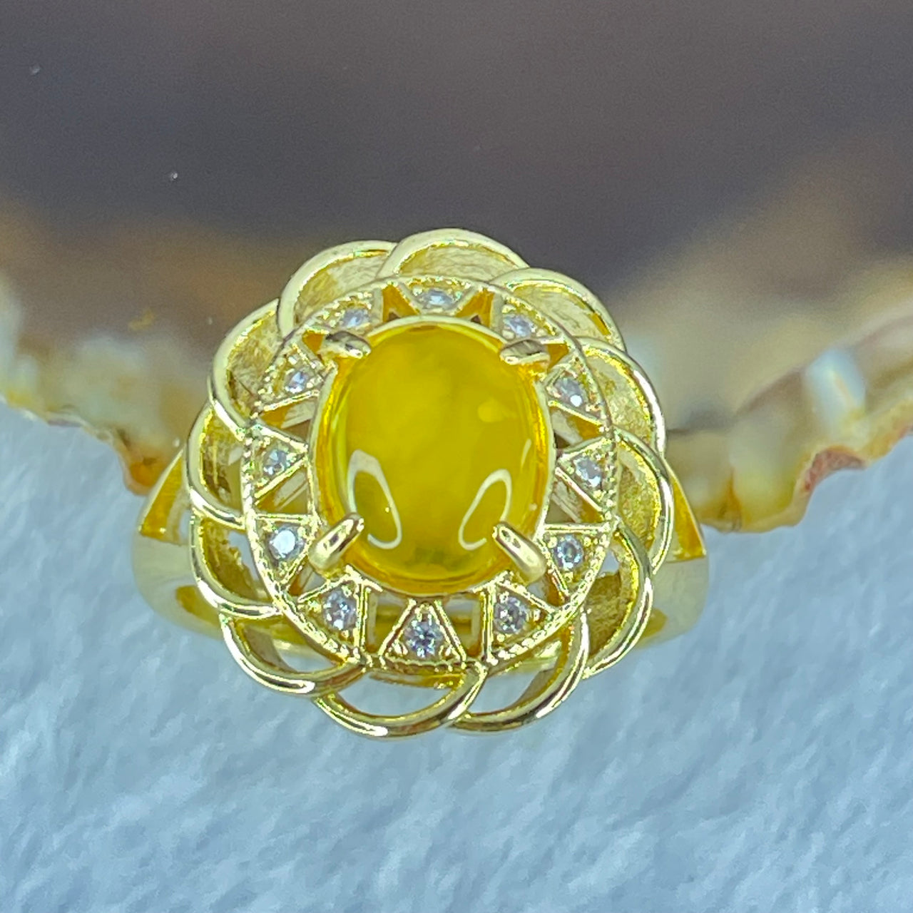Natural Golden Yellow Butterscotch Amber With Crystals in S925 Sliver Gold Color Ring (Adjustable Size) 3.63g 8.7 by 7.4 by 4.0mm - Huangs Jadeite and Jewelry Pte Ltd