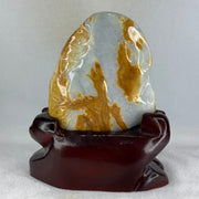 Type A Light Green with Faint Lavender and Yellow Jadeite Milo Buddha Display 170.0 by 100.0 by 190.0mm with wooden stand 2,574.1g - Huangs Jadeite and Jewelry Pte Ltd