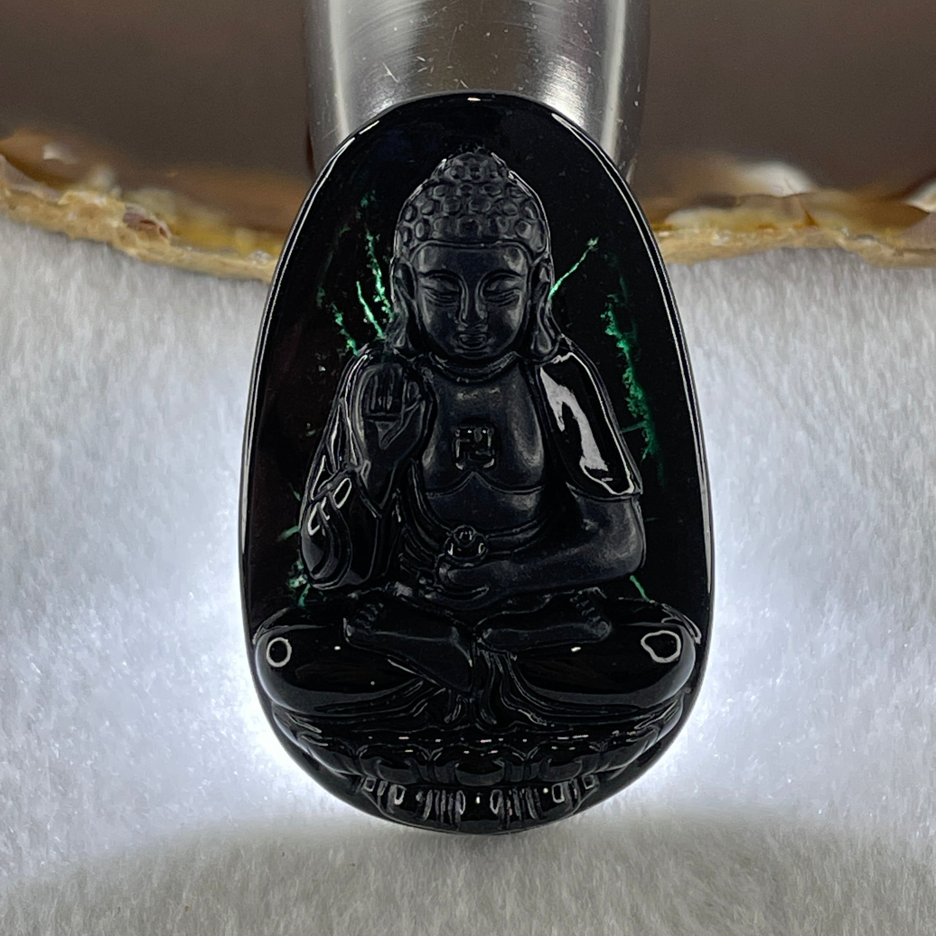 Type A Opaque to Partial Translucent Black Omphacite Jadeite Amitabha Buddha Pendant Dog and Boar Pig Zodiac Guardian 15.85g 51.9 by 33.2 by 7.6mm - Huangs Jadeite and Jewelry Pte Ltd