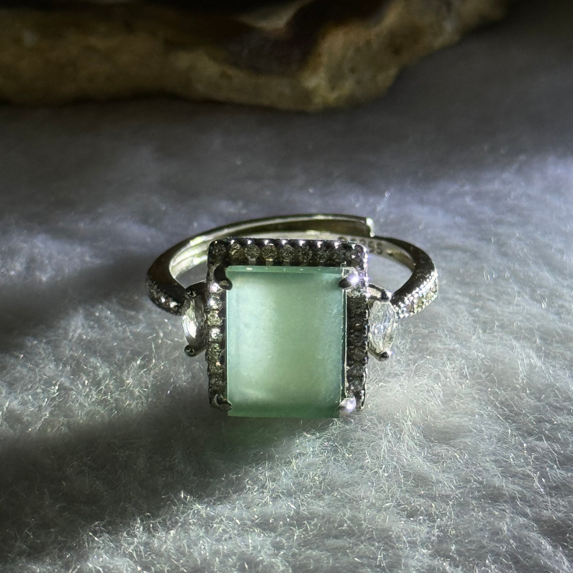 Type A Icy Blueish Green Jadeite with Crystals in S925 Sliver Ring (Adjustable Size) 2.95g 10.1 by 7.6 by 2.0mm - Huangs Jadeite and Jewelry Pte Ltd