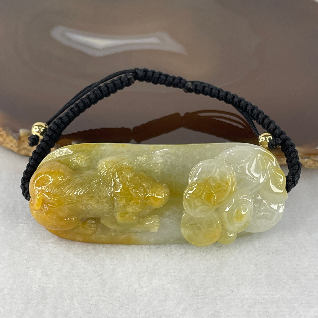 Certified Type A Faint Blueish-Green & Yellow Jadeite Zodiac Dog String Bracelet | Masterpiece Wealth Treasures & Abundance Carving | Heavy Tactical Utility Cord Strand (44.77g | 64.7mm | 15-20cm 64.7x26.1x14.5mm)
