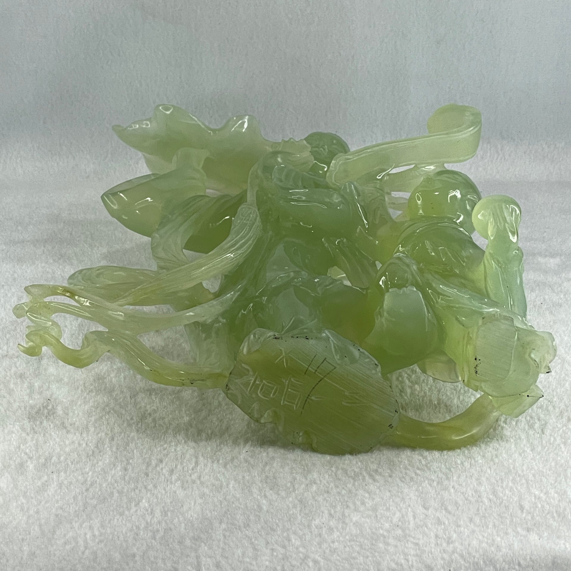 Natural Semi Icy Green Serpentine Fairy with Tong Zhi and Lotus Flower with Wooden Stand Display 1,228.0g 196.0 by 76.0 by 283.0mm - Huangs Jadeite and Jewelry Pte Ltd