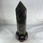 Good Grade Natural Labradorite Tower with Wooden Stand Display 1109.6g 260.5 by 192.7 by 75.2mm - Huangs Jadeite and Jewelry Pte Ltd