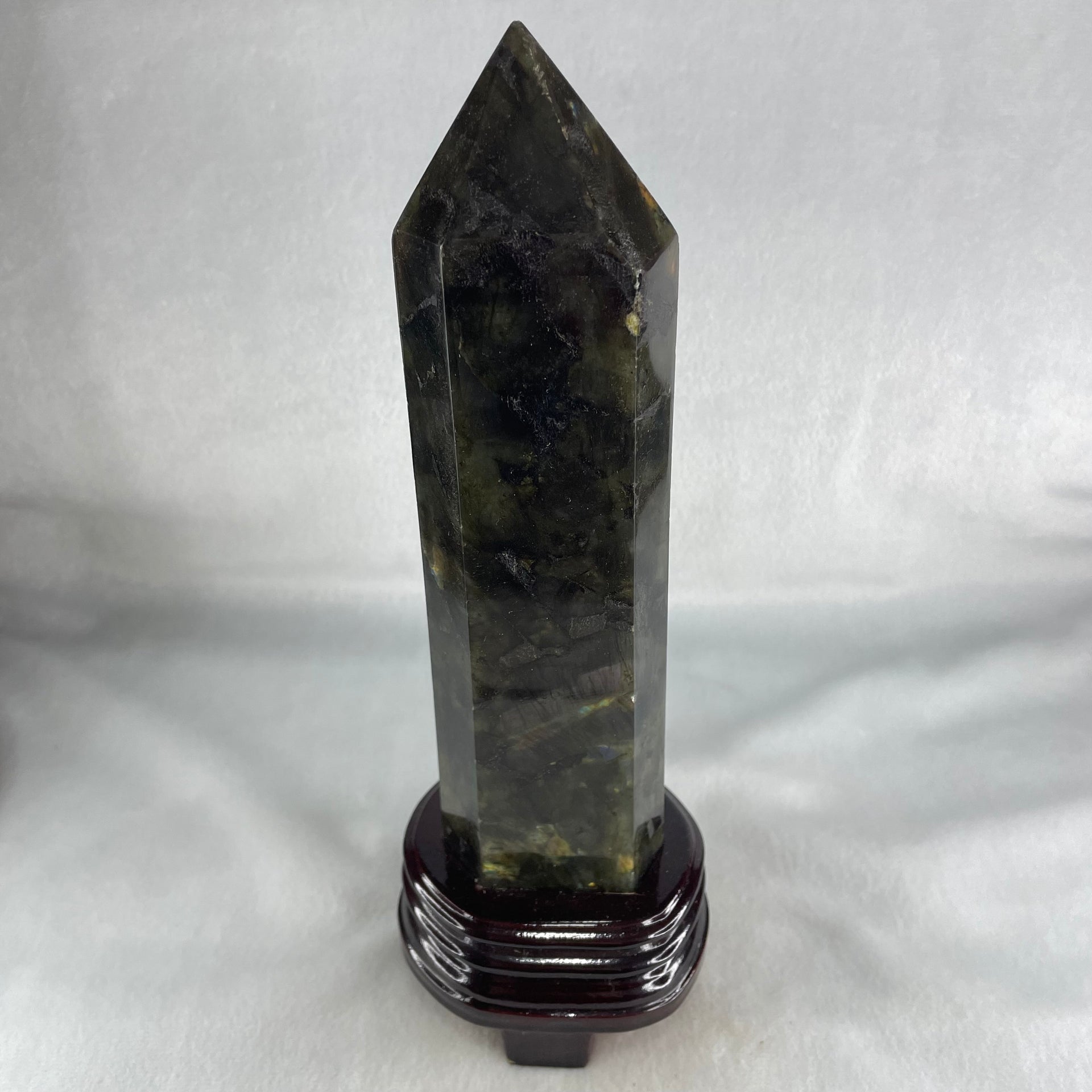 Good Grade Natural Labradorite Tower with Wooden Stand Display 1109.6g 260.5 by 192.7 by 75.2mm - Huangs Jadeite and Jewelry Pte Ltd