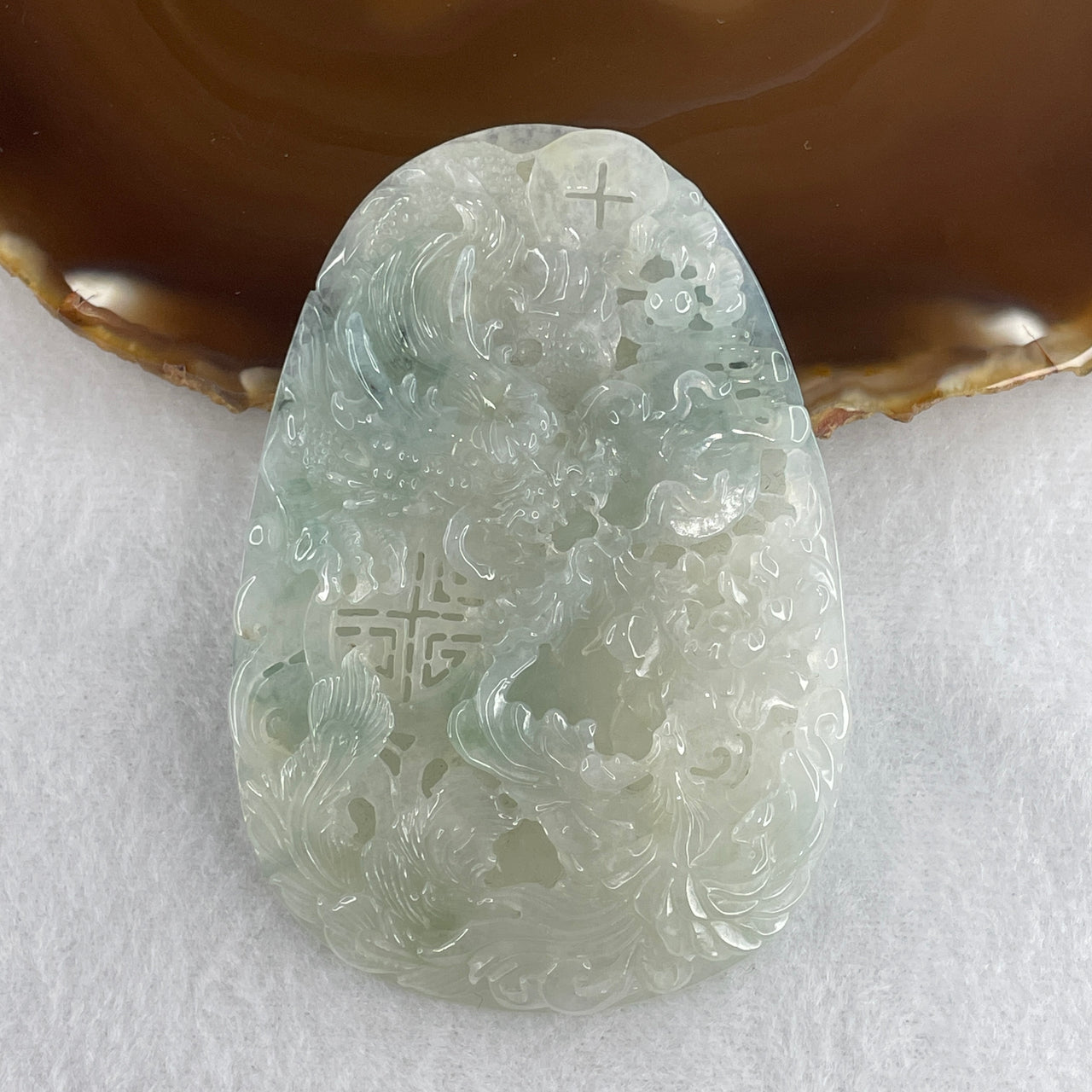 Natural Type A Jelly Faint Green to Green with Blueish Green Jadeite Dragon & Phoenix Pendant | Untreated Fei Cui Imperial Harmony Plaque (78.95g | 82.1mm x 57.0mm x 10.0mm)