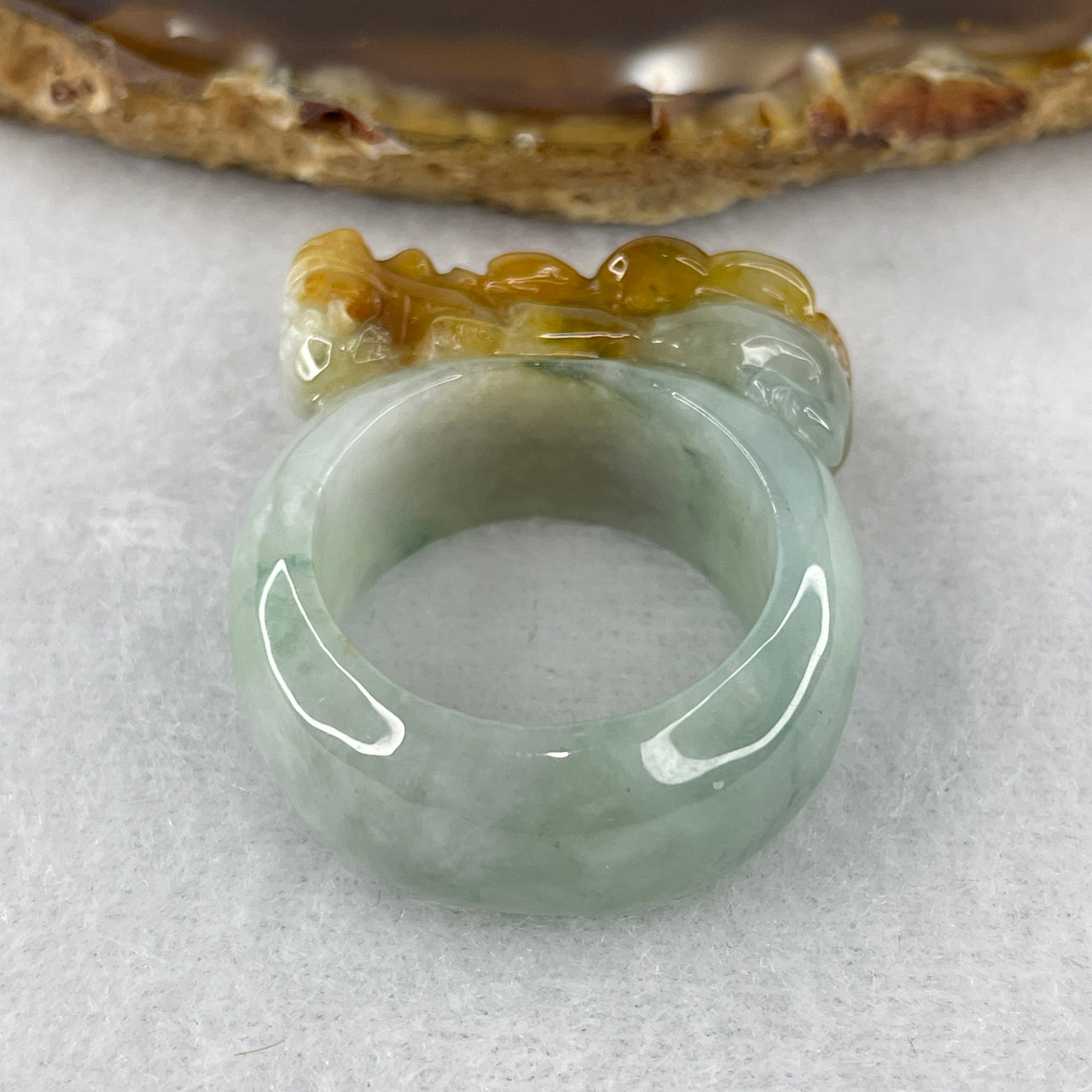 Certified Natural Type A Light Blueish-Green & Yellowish Jadeite Pixiu Ring | Masterpiece Solid Hand-Carved Myanmar Feicui | Supreme Wealth Manifestation & Sovereign Power Band (17.33g | US 11.3 / HK 25.5 | 30.1x14.0mm)