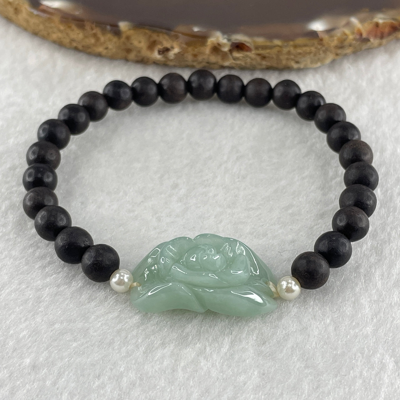 Natural Type A Jelly Green Jadeite Flower with Wooden Wood Beads Bracelet 9.85g 24.9 by 13.7 by 9.1mm Flower - 6.7mm 25Beads