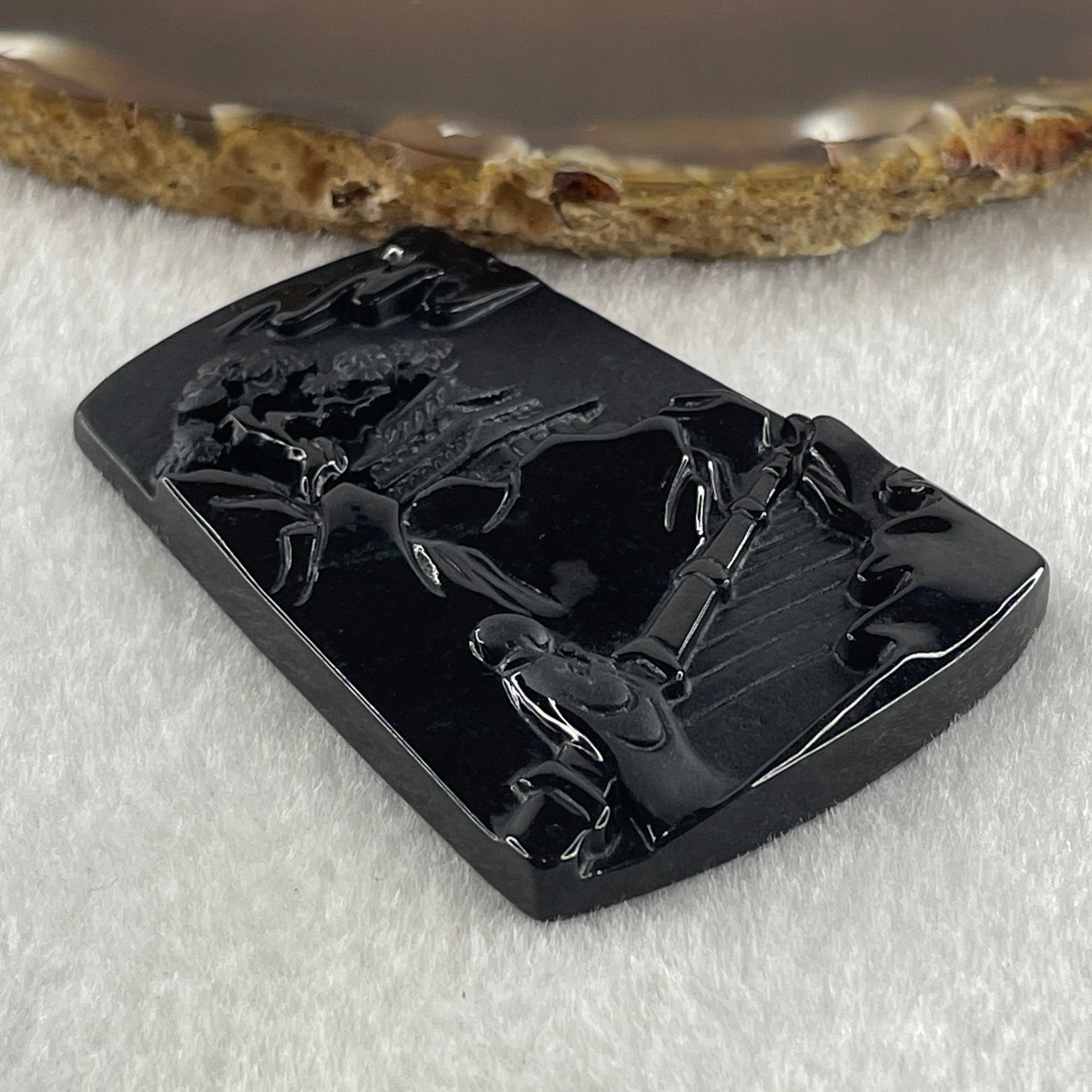 Type A Opaque to Partial Translucent Black Omphacite Jadeite Shan Shui with Guiren Benefactor Pendant 23.01g 60.5 by 42.6 by 6.2mm - Huangs Jadeite and Jewelry Pte Ltd