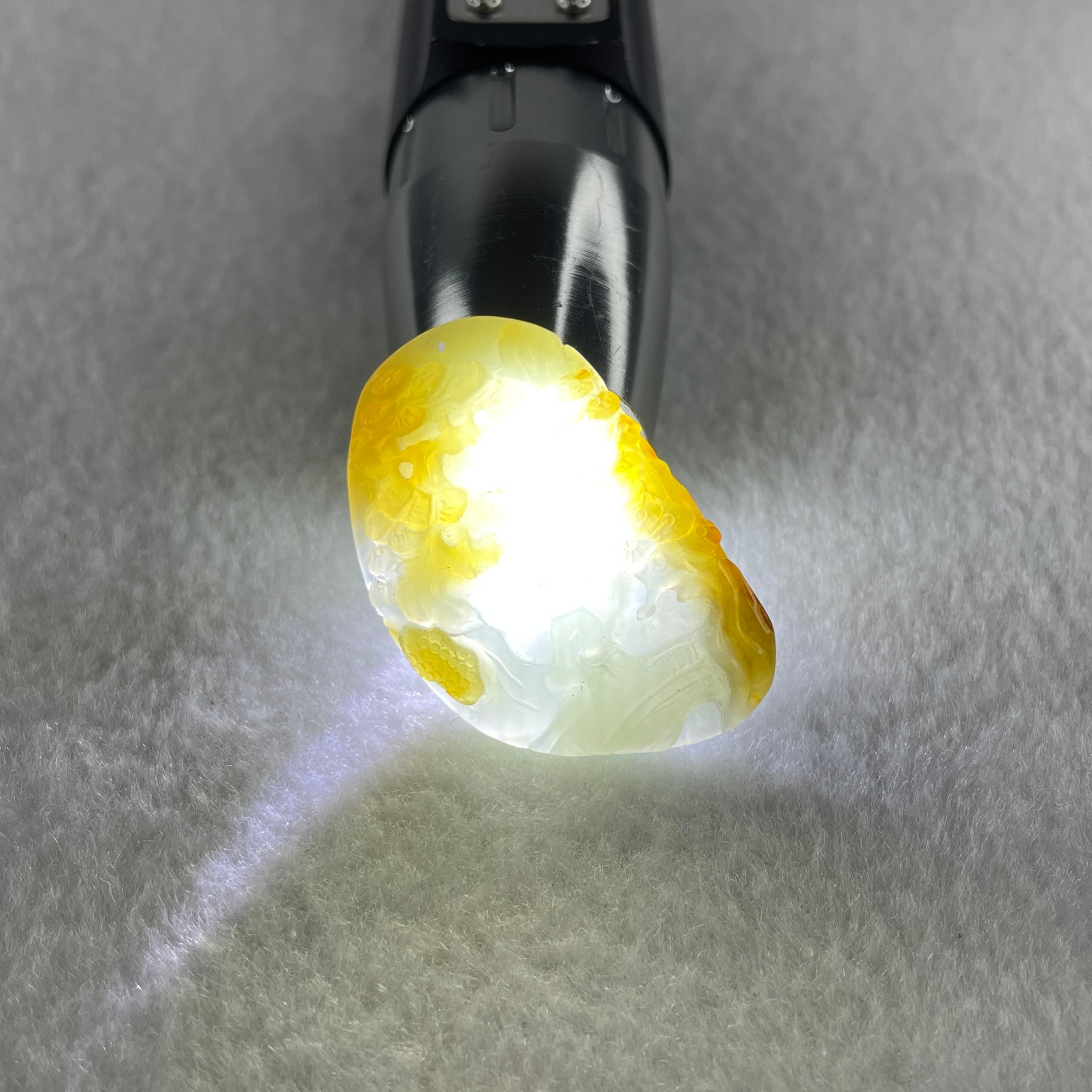 Type A Natural Semi Icy Light Green with Yellow Patches Jadeite Shan Shui Gui Ren Benefactor Pendant 9.79g 38.2 by 25.6 by 6.0mm - Huangs Jadeite and Jewelry Pte Ltd