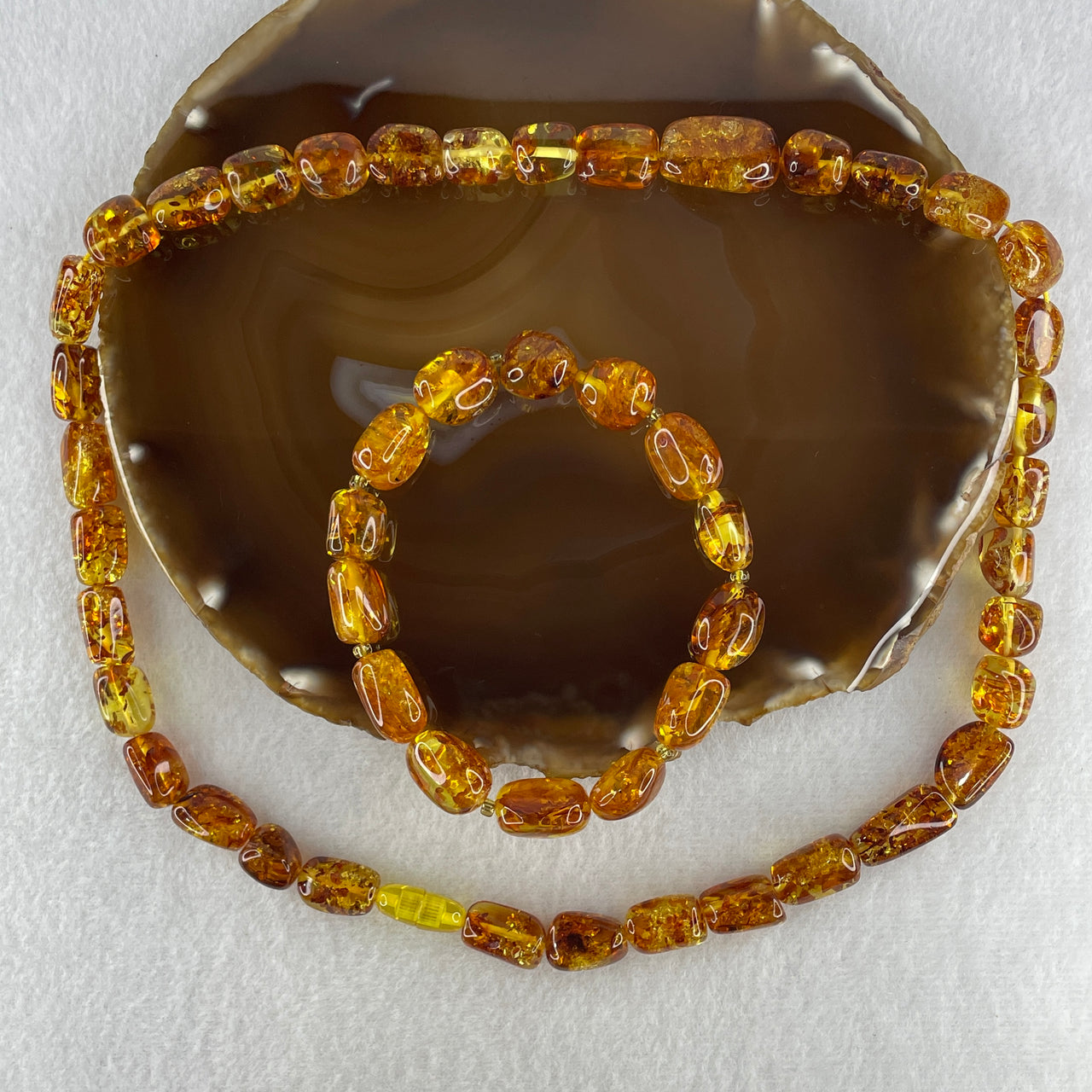 Certified Natural Orangy Yellow Flower Cognac Amber Pebble Shape Beads Set of 2 Bracelet 15.26g 17cm 12.0mm 14 Beads, Necklace 28.57g 50cm 8.1-12.3mm 36 Beads